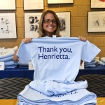 Kelly Crowley, ICTR staff member, with Thank you Henrietta t-shirt
