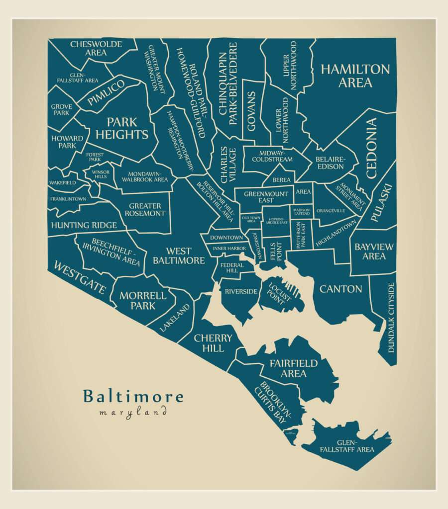 Baltimore Maryland city map with neighborhoods and titles